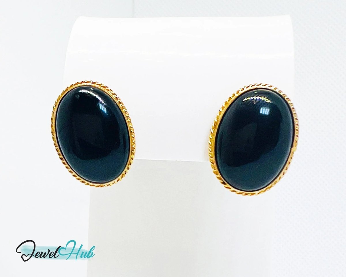 14k Solid Gold Oval Onyx Earrings (Stud) Distinctive Craftsmanship - JewelHub.co.uk