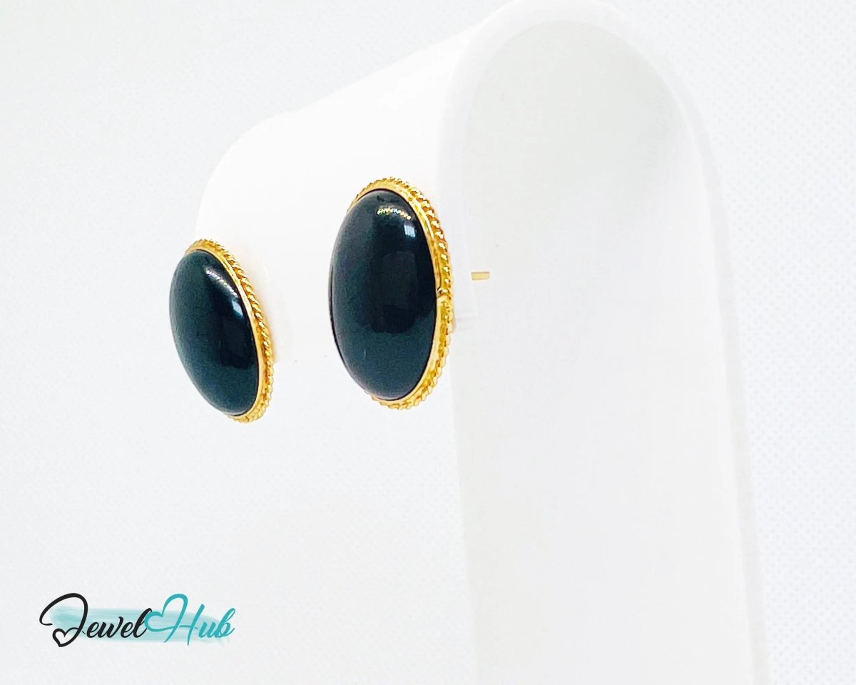 14k Solid Gold Oval Onyx Earrings (Stud) Distinctive Craftsmanship - JewelHub.co.uk
