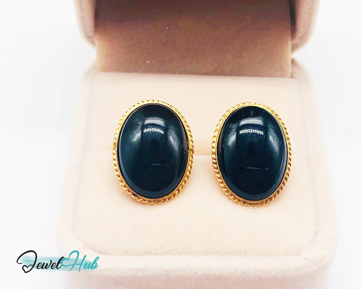 14k Solid Gold Oval Onyx Earrings (Stud) Distinctive Craftsmanship - JewelHub.co.uk
