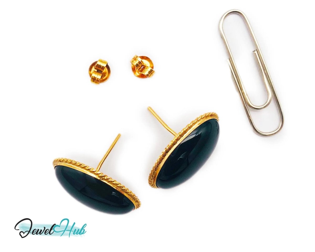 14k Solid Gold Oval Onyx Earrings (Stud) Distinctive Craftsmanship - JewelHub.co.uk