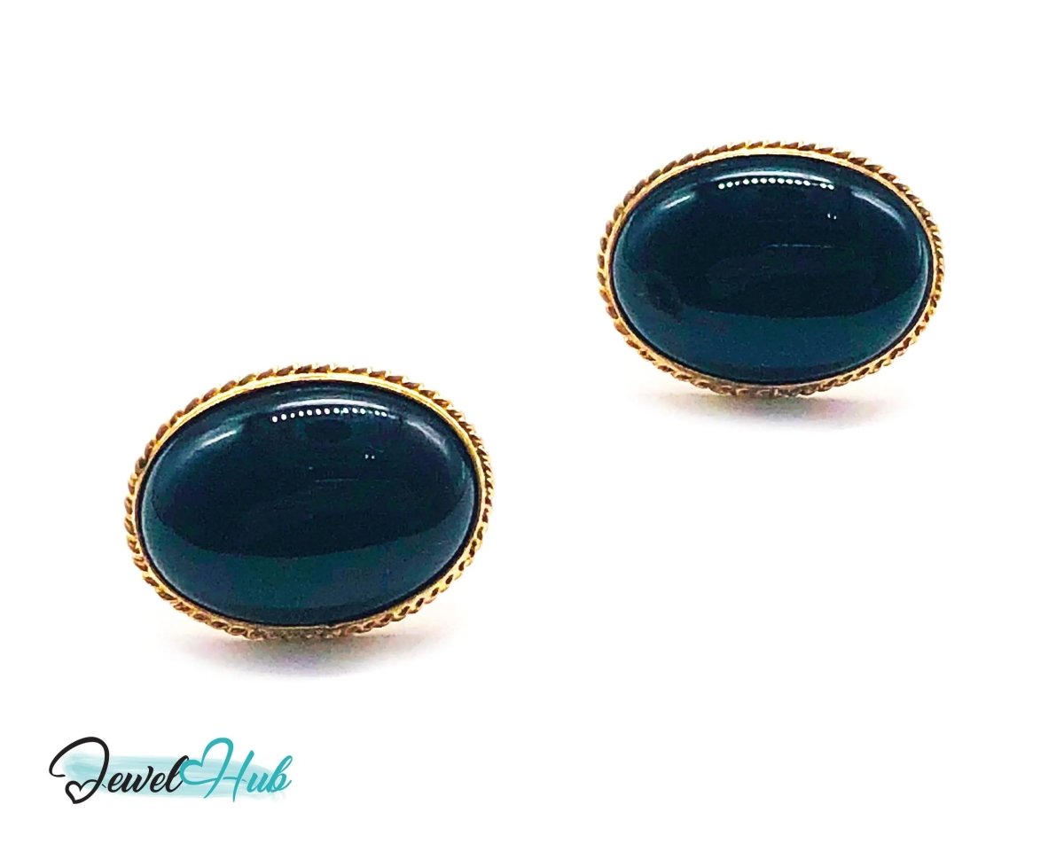 14k Solid Gold Oval Onyx Earrings (Stud) Distinctive Craftsmanship - JewelHub.co.uk