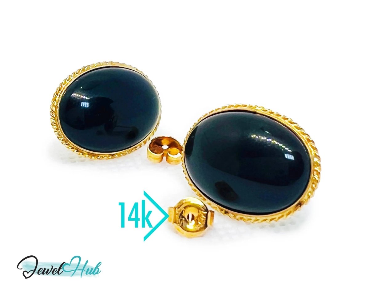 14k Solid Gold Oval Onyx Earrings (Stud) Distinctive Craftsmanship - JewelHub.co.uk