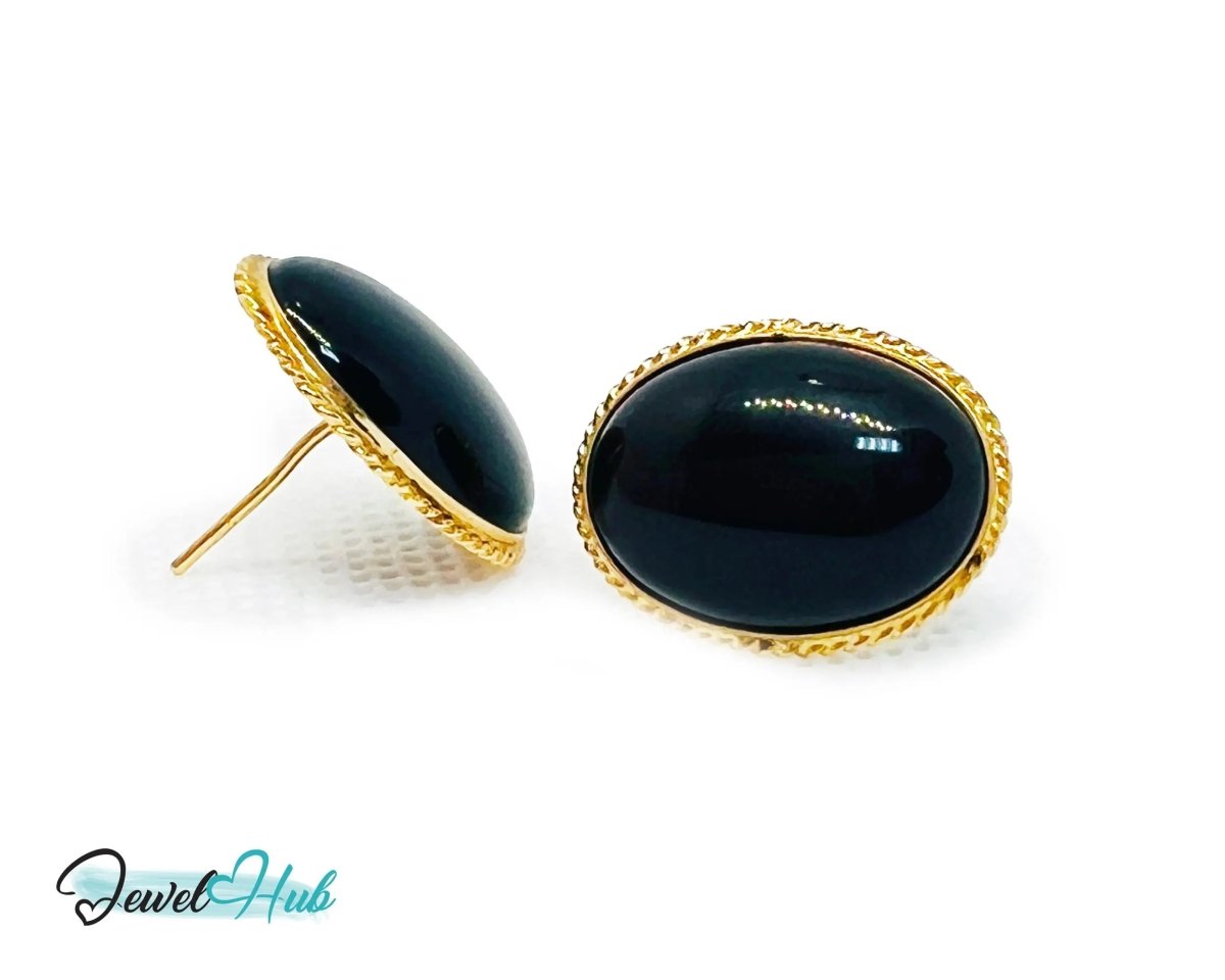 14k Solid Gold Oval Onyx Earrings (Stud) Distinctive Craftsmanship - JewelHub.co.uk