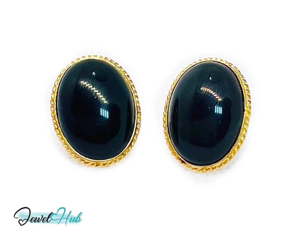 14k Solid Gold Oval Onyx Earrings (Stud) Distinctive Craftsmanship - JewelHub.co.uk