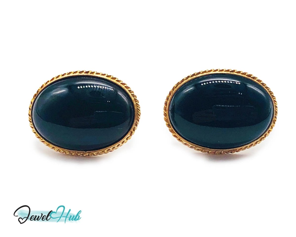 14k Solid Gold Oval Onyx Earrings (Stud) Distinctive Craftsmanship - JewelHub.co.uk