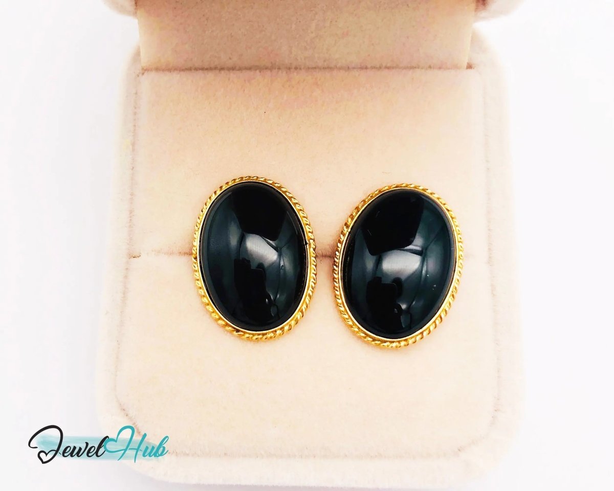 14k Solid Gold Oval Onyx Earrings (Stud) Distinctive Craftsmanship - JewelHub.co.uk