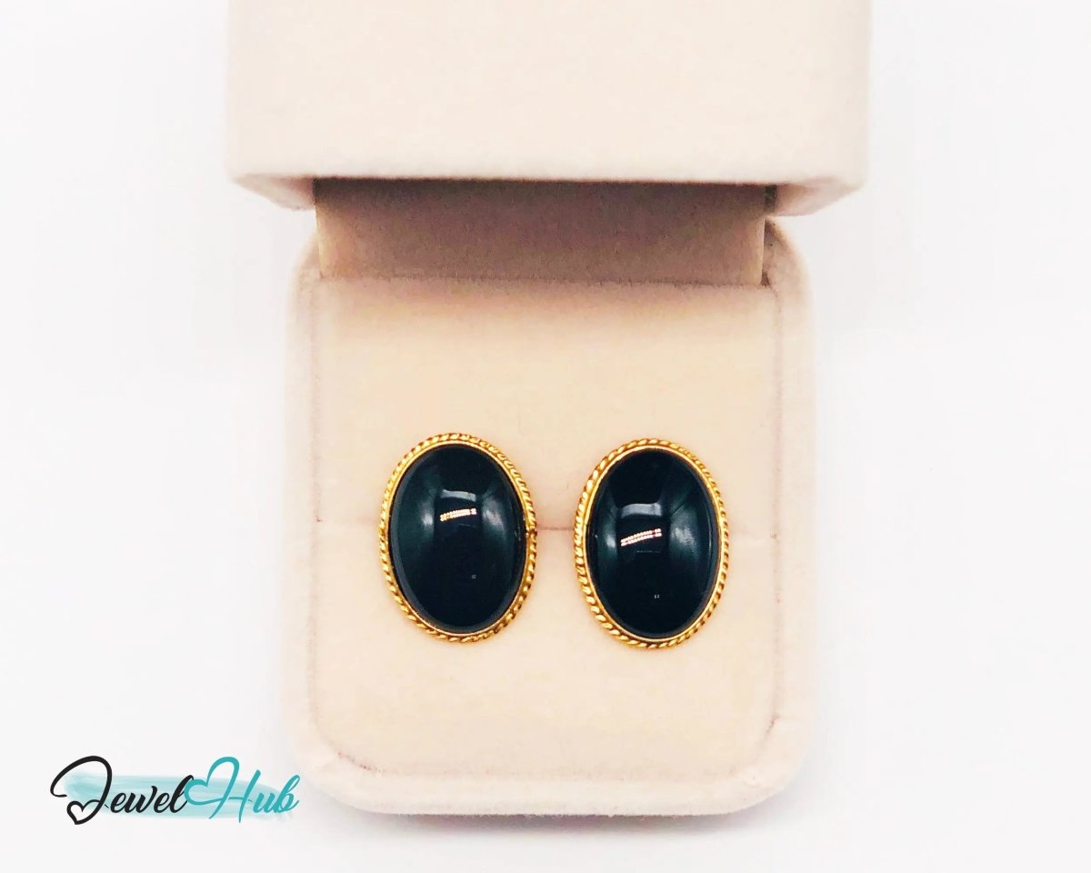 14k Solid Gold Oval Onyx Earrings (Stud) Distinctive Craftsmanship - JewelHub.co.uk
