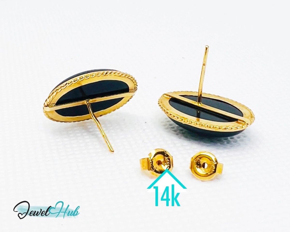 14k Solid Gold Oval Onyx Earrings (Stud) Distinctive Craftsmanship - JewelHub.co.uk
