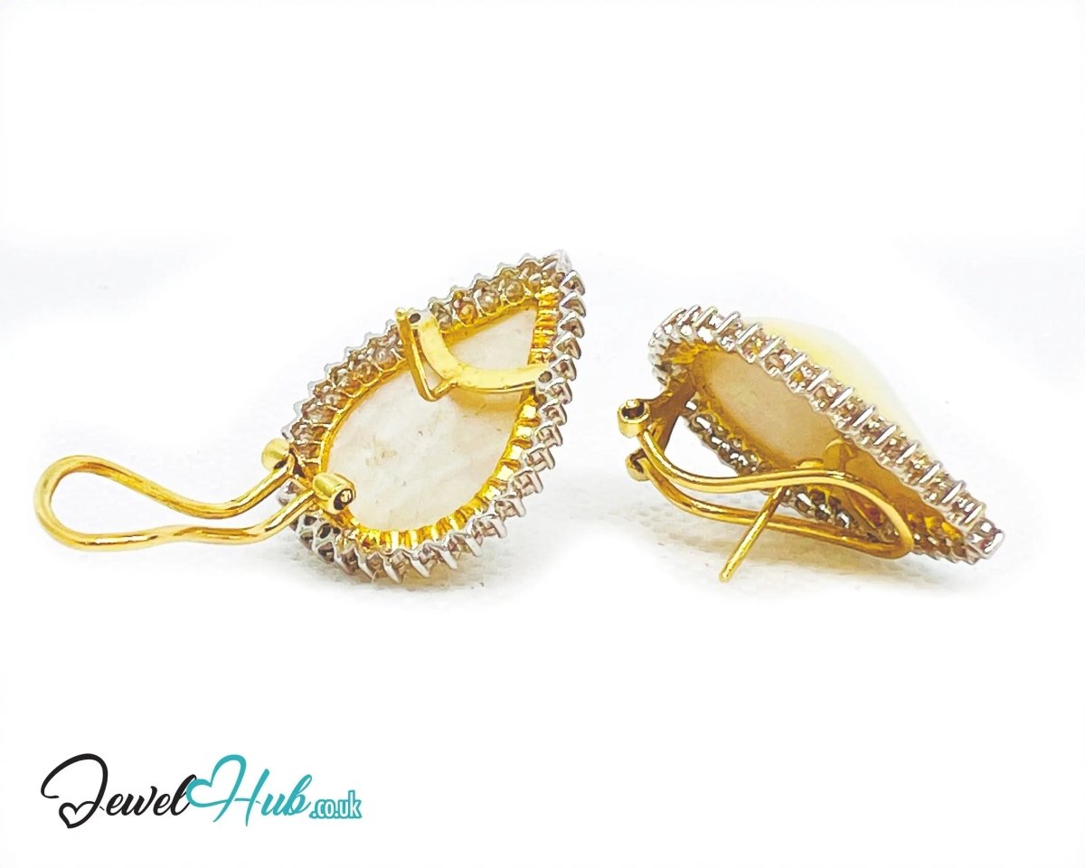 14K Solid Gold Pear - Shaped Halo Earrings with Diamond Pavé and Statement Pearl Luxury Craftsmanship - JewelHub.co.uk
