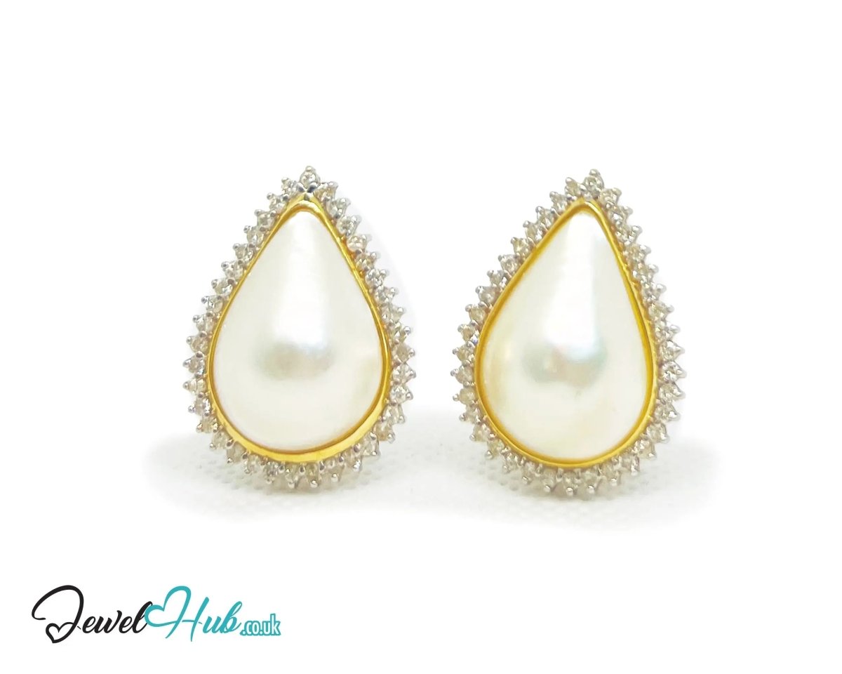 14K Solid Gold Pear - Shaped Halo Earrings with Diamond Pavé and Statement Pearl Luxury Craftsmanship - JewelHub.co.uk