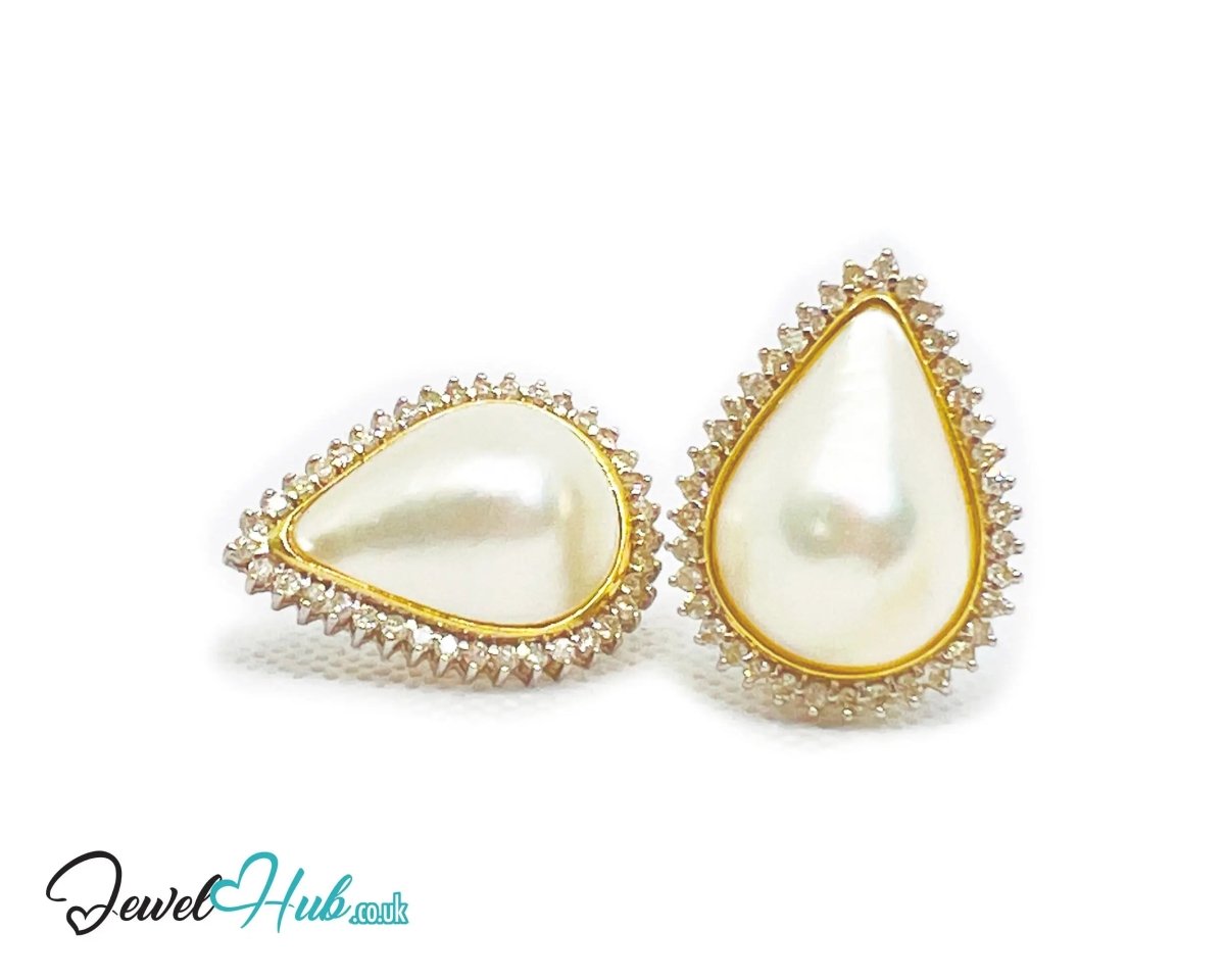 14K Solid Gold Pear - Shaped Halo Earrings with Diamond Pavé and Statement Pearl Luxury Craftsmanship - JewelHub.co.uk