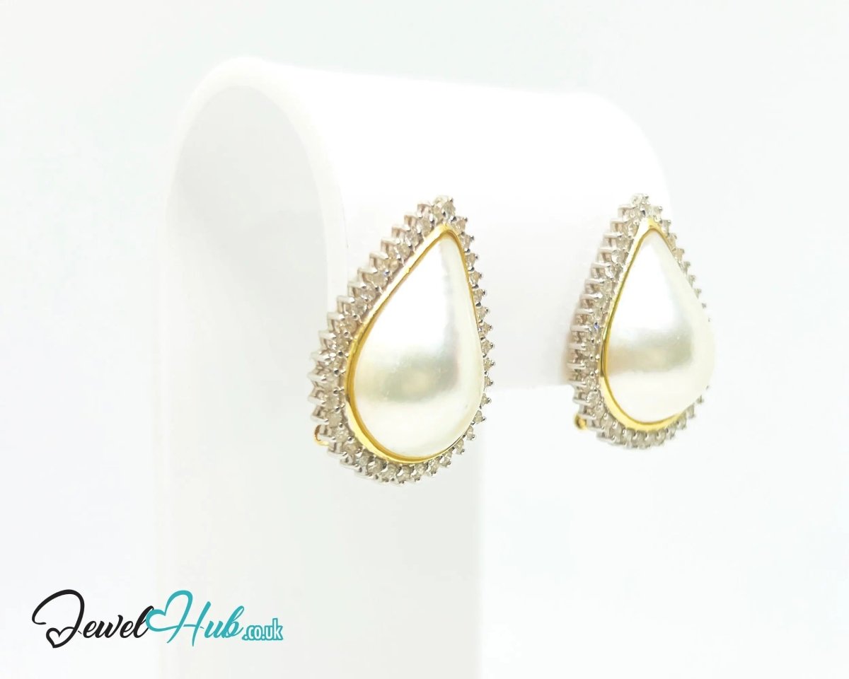 14K Solid Gold Pear - Shaped Halo Earrings with Diamond Pavé and Statement Pearl Luxury Craftsmanship - JewelHub.co.uk