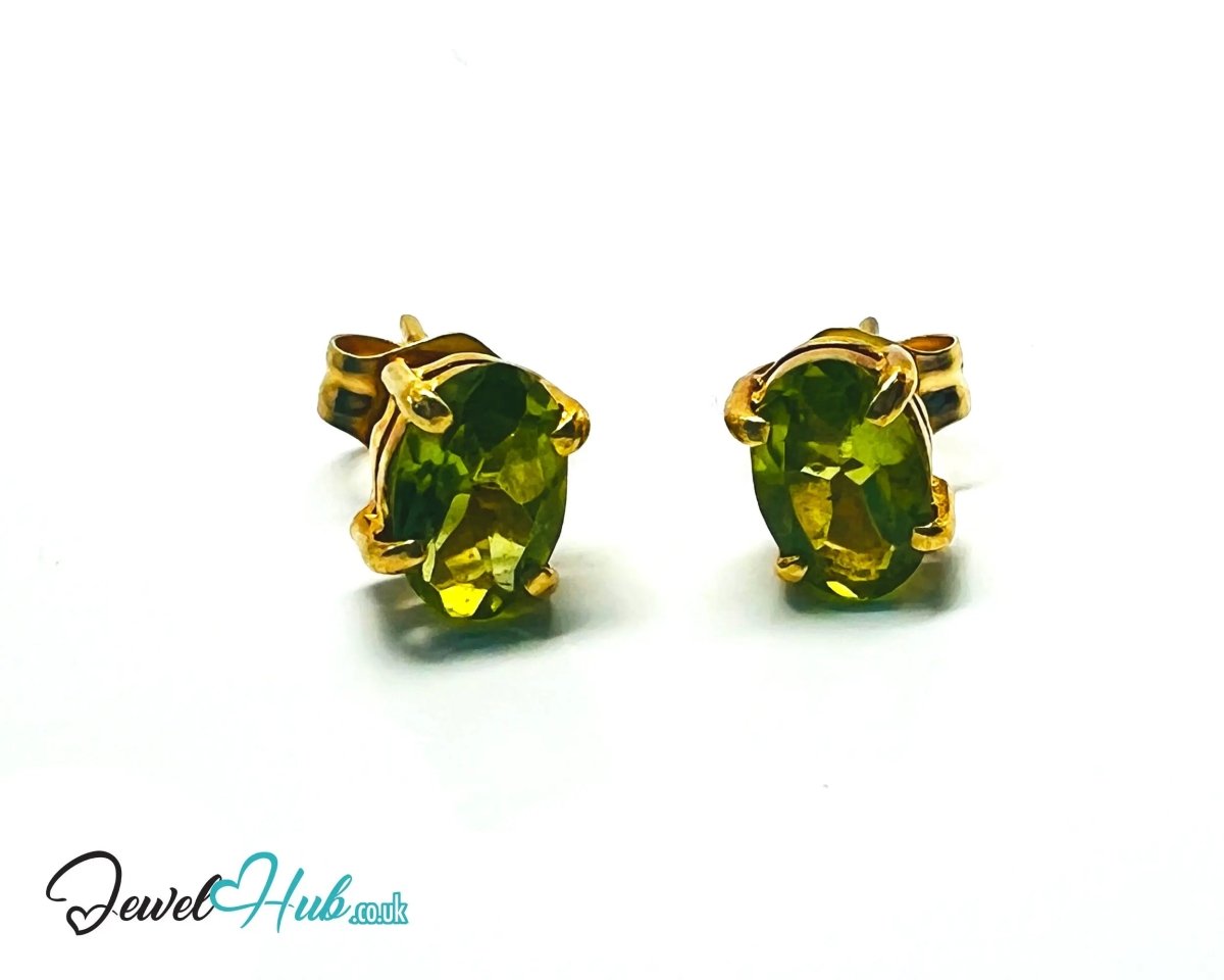 14K Solid Gold Peridot Stud Earrings – 6×4mm Oval - Cut, 1.00ct Total - JewelHub.co.uk