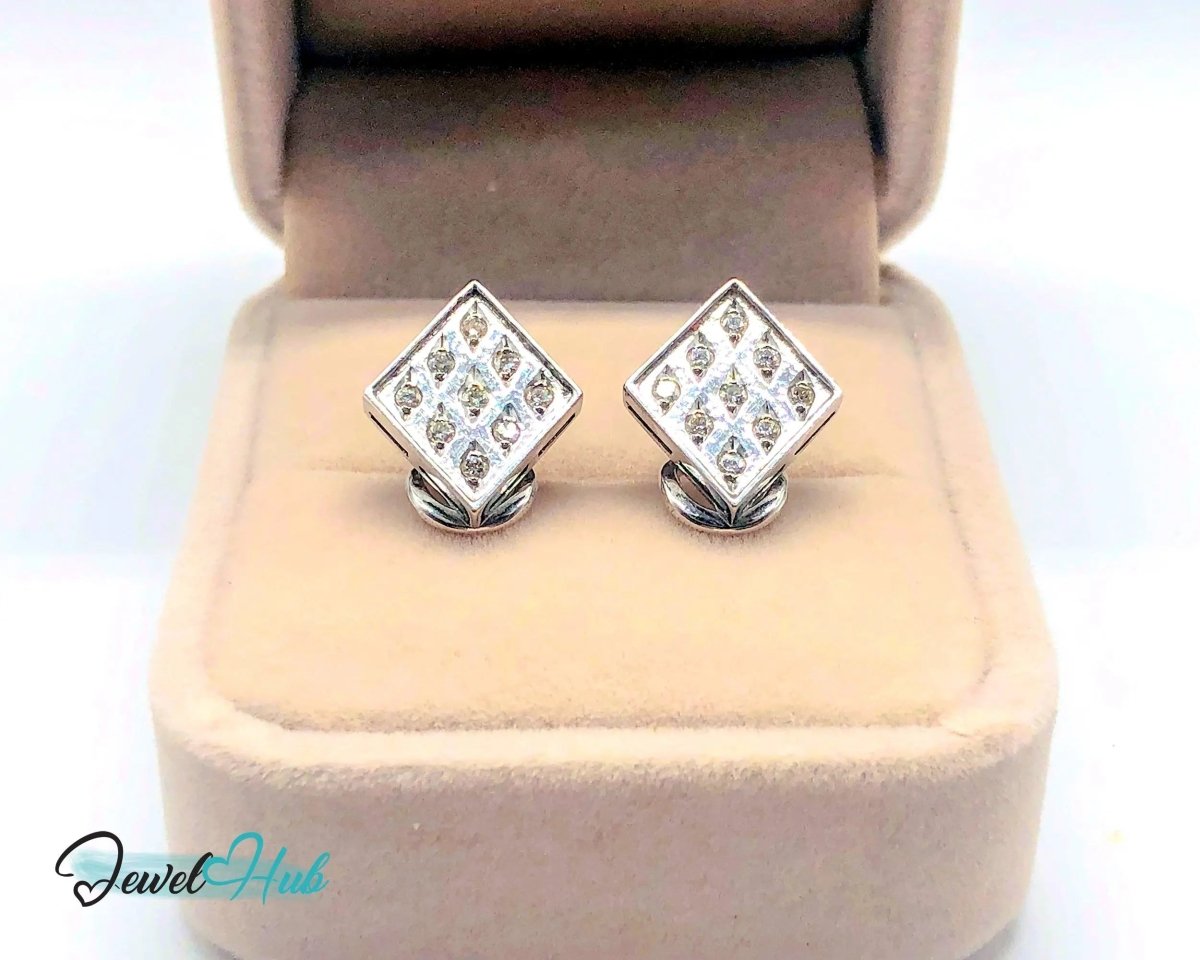 14k White Gold Diamond Earrings (Checker - Style Clip) Luxury & Brilliance - JewelHub.co.uk