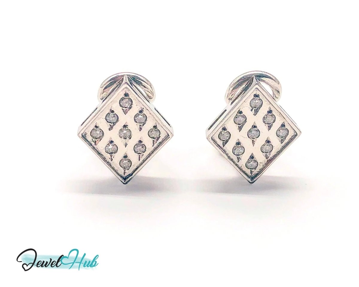 14k White Gold Diamond Earrings (Checker - Style Clip) Luxury & Brilliance - JewelHub.co.uk