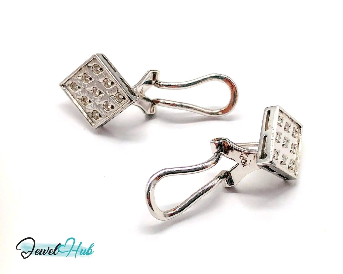 14k White Gold Diamond Earrings (Checker - Style Clip) Luxury & Brilliance - JewelHub.co.uk