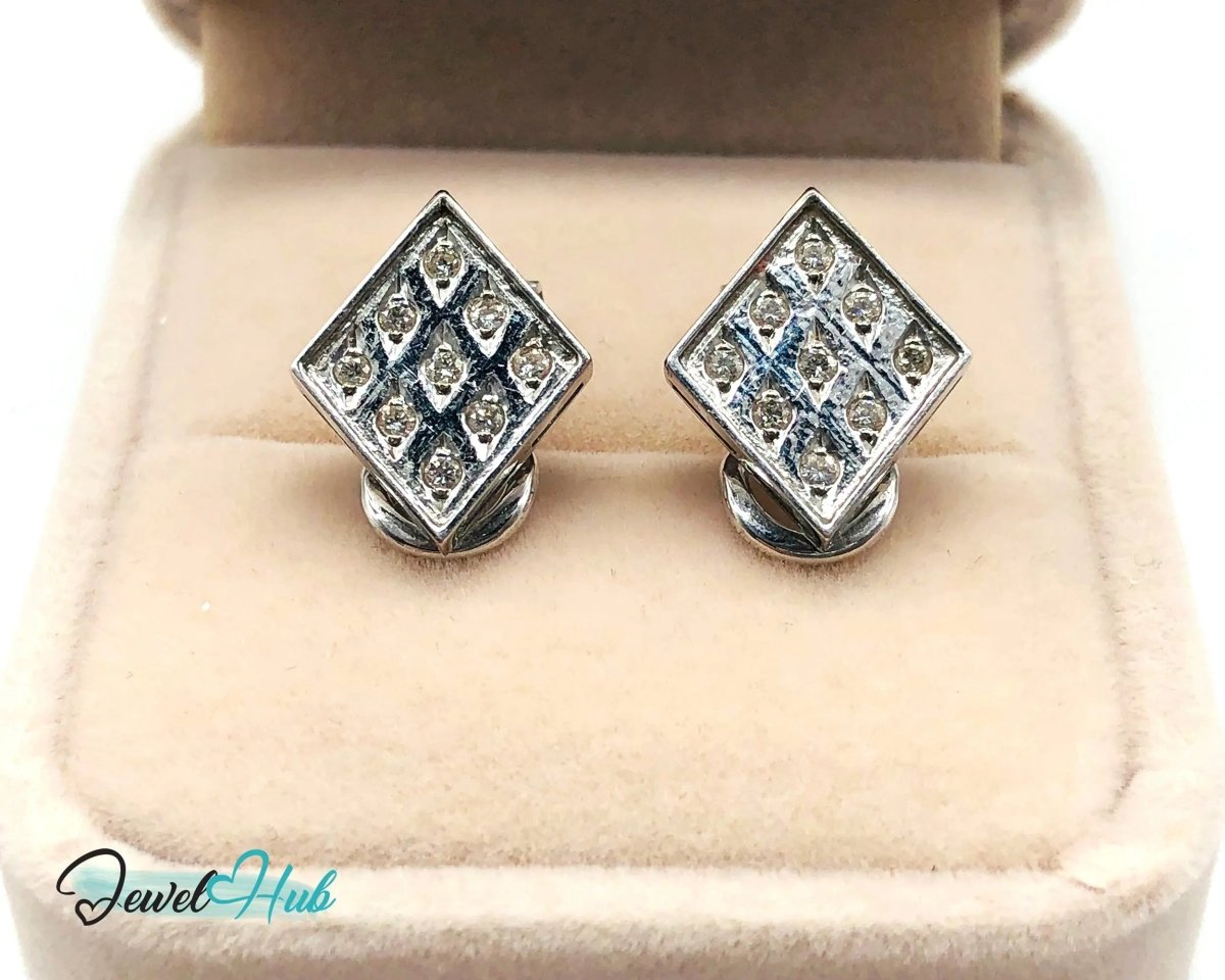 14k White Gold Diamond Earrings (Checker - Style Clip) Luxury & Brilliance - JewelHub.co.uk