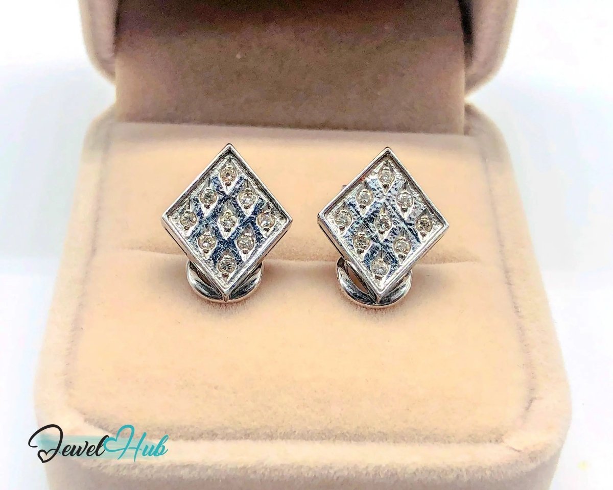 14k White Gold Diamond Earrings (Checker - Style Clip) Luxury & Brilliance - JewelHub.co.uk