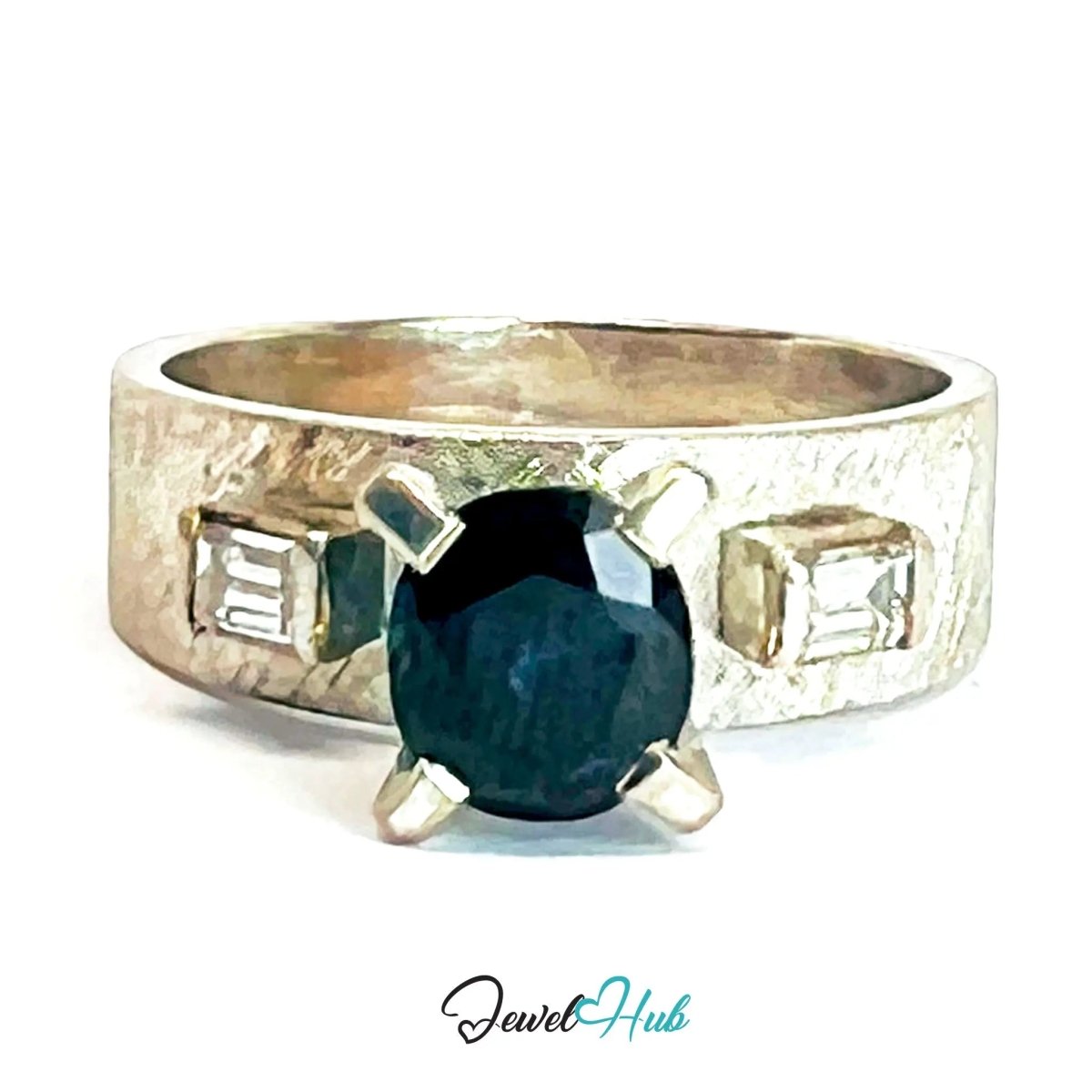 14K White Gold Sapphire Diamond Ring · ~1.25ct Sapphire · UK N · US 7 · Trio - Set Architectural Band - JewelHub.co.uk