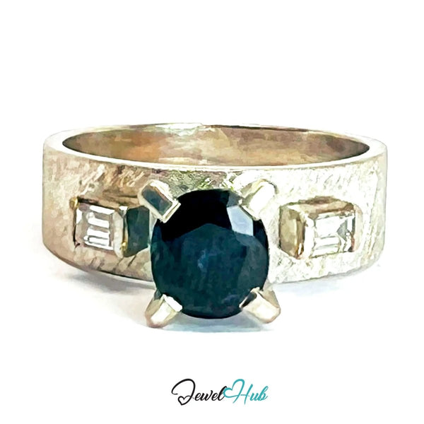 14K White Gold Sapphire Diamond Ring · ~1.25ct Sapphire · UK N · US 7 · Trio - Set Architectural Band - JewelHub.co.uk