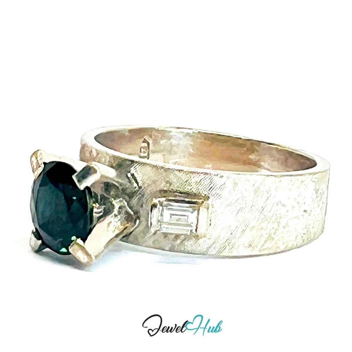 14K White Gold Sapphire Diamond Ring · ~1.25ct Sapphire · UK N · US 7 · Trio - Set Architectural Band - JewelHub.co.uk