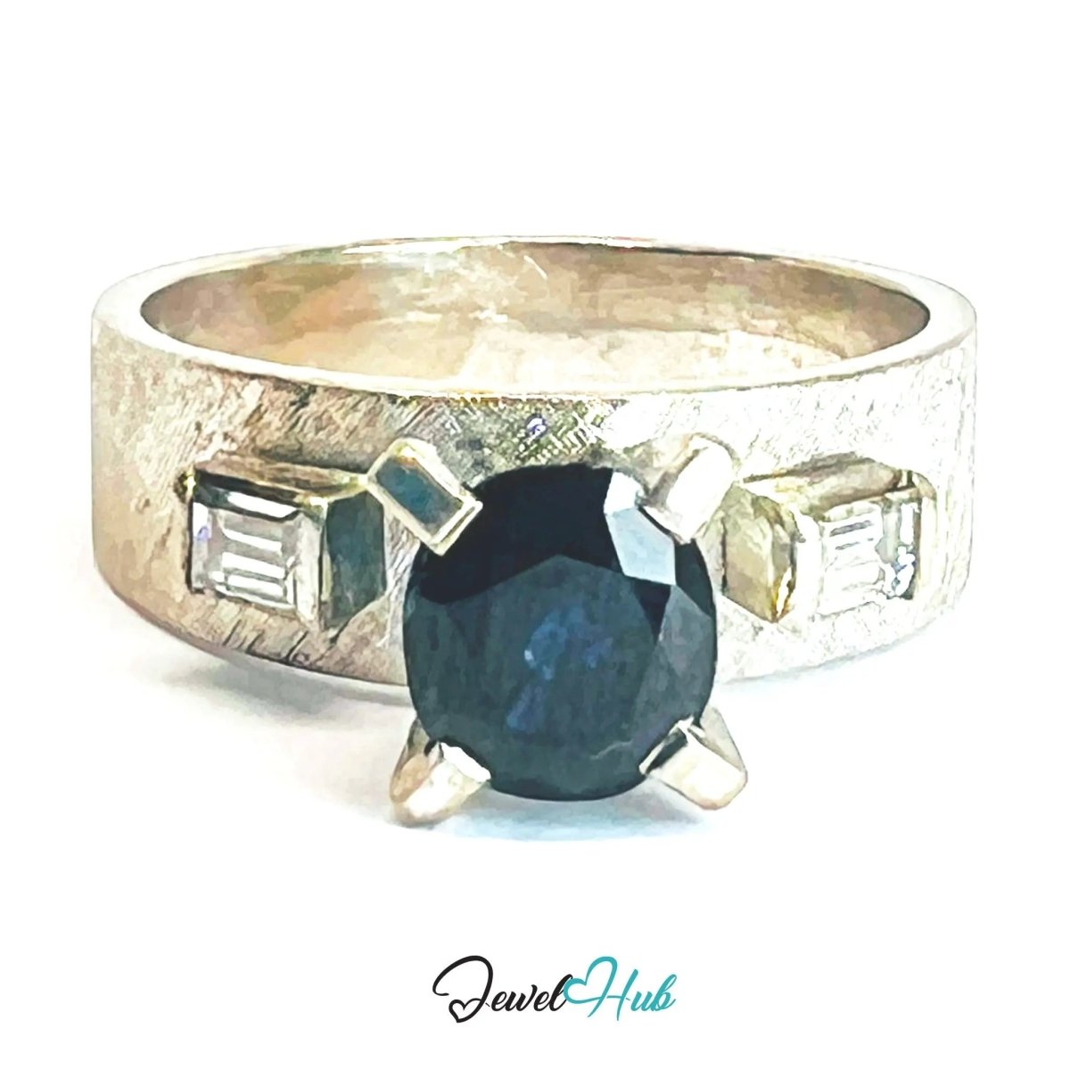 14K White Gold Sapphire Diamond Ring · ~1.25ct Sapphire · UK N · US 7 · Trio - Set Architectural Band - JewelHub.co.uk