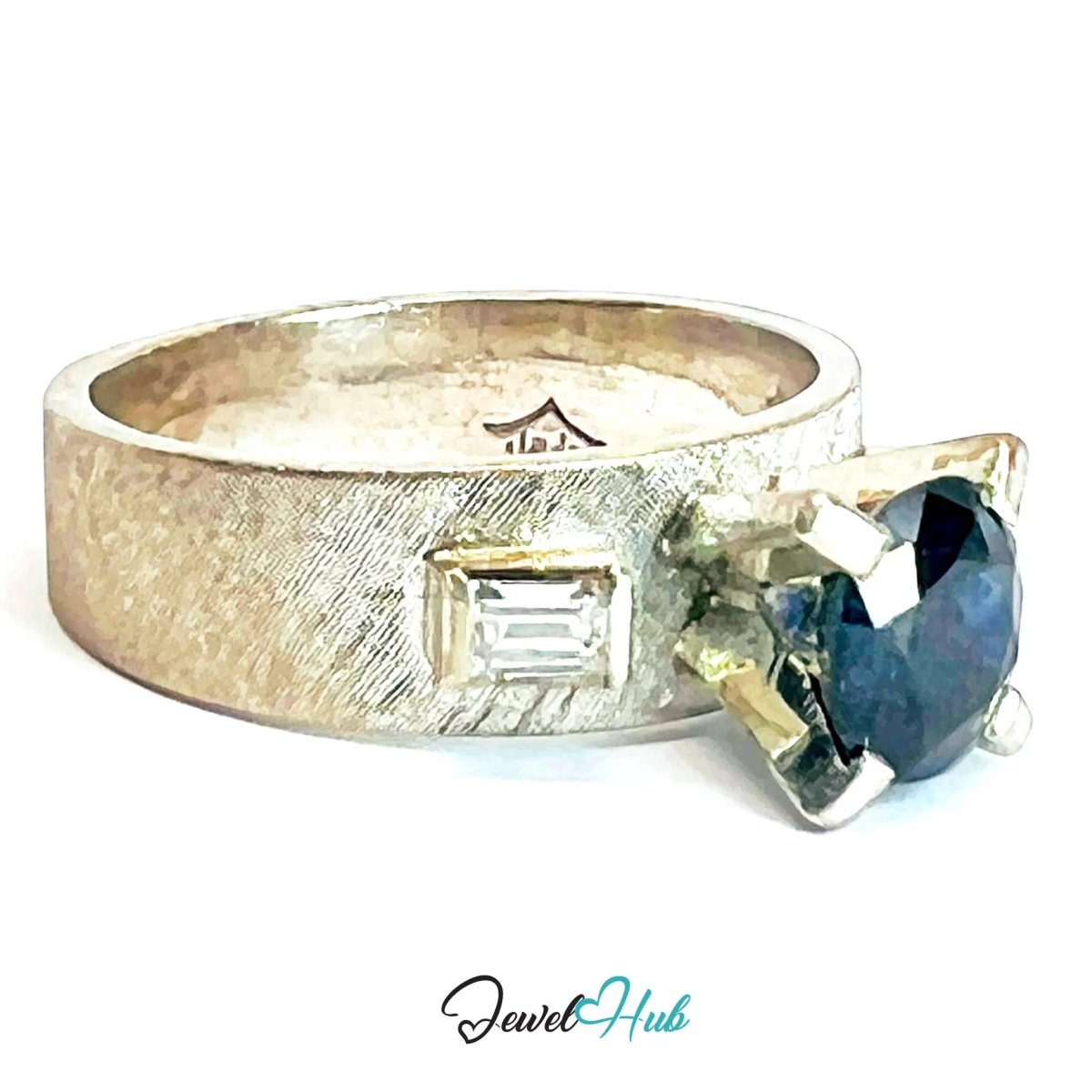 14K White Gold Sapphire Diamond Ring · ~1.25ct Sapphire · UK N · US 7 · Trio - Set Architectural Band - JewelHub.co.uk