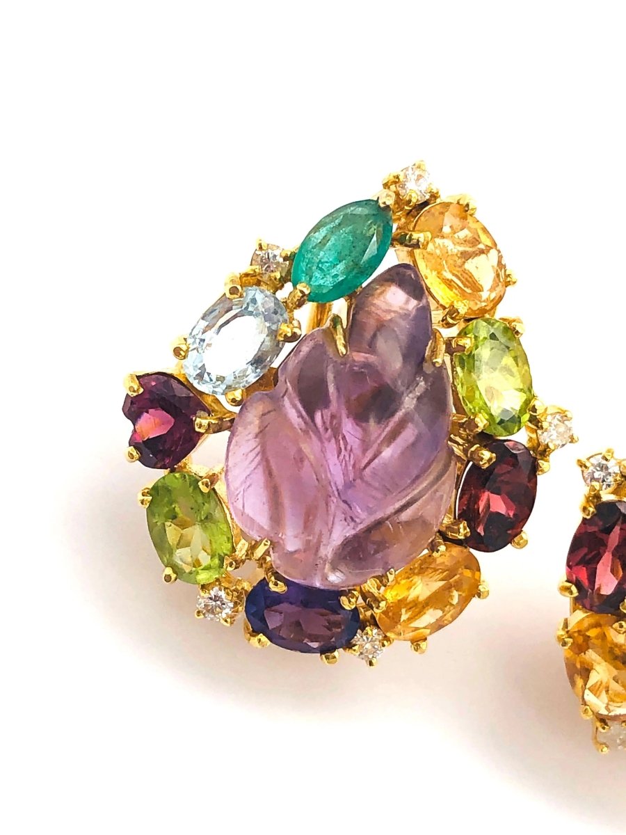 18k (750) Solid Gold Leaf Shape Amethyst multi - color Gemstones (15 pcs) Elegant Earrings - JewelHub.co.uk