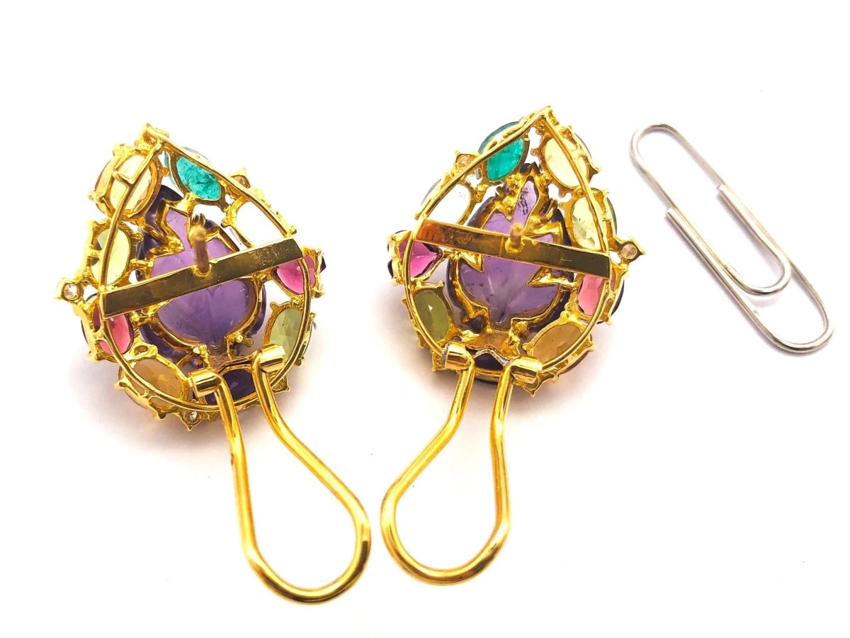 18k (750) Solid Gold Leaf Shape Amethyst multi - color Gemstones (15 pcs) Elegant Earrings - JewelHub.co.uk