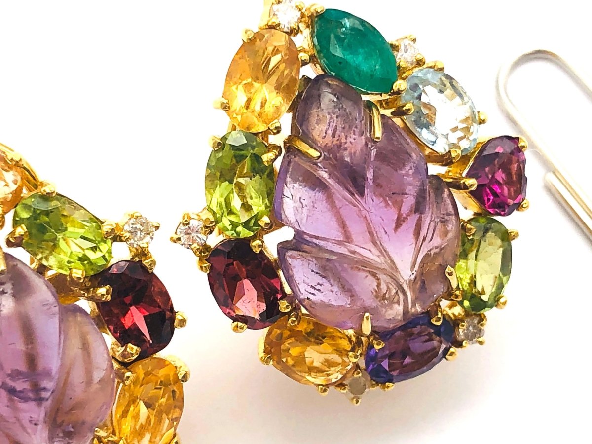 18k (750) Solid Gold Leaf Shape Amethyst multi - color Gemstones (15 pcs) Elegant Earrings - JewelHub.co.uk