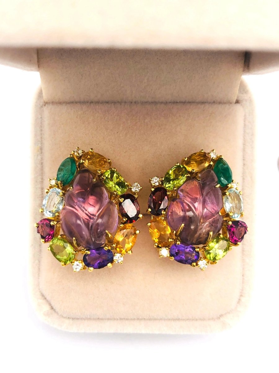 18k (750) Solid Gold Leaf Shape Amethyst multi - color Gemstones (15 pcs) Elegant Earrings - JewelHub.co.uk