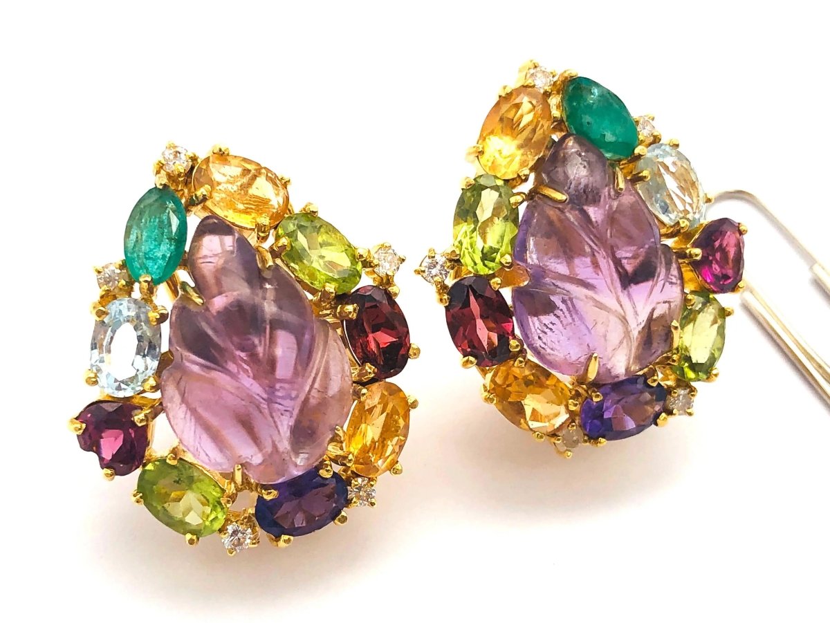 18k (750) Solid Gold Leaf Shape Amethyst multi - color Gemstones (15 pcs) Elegant Earrings - JewelHub.co.uk
