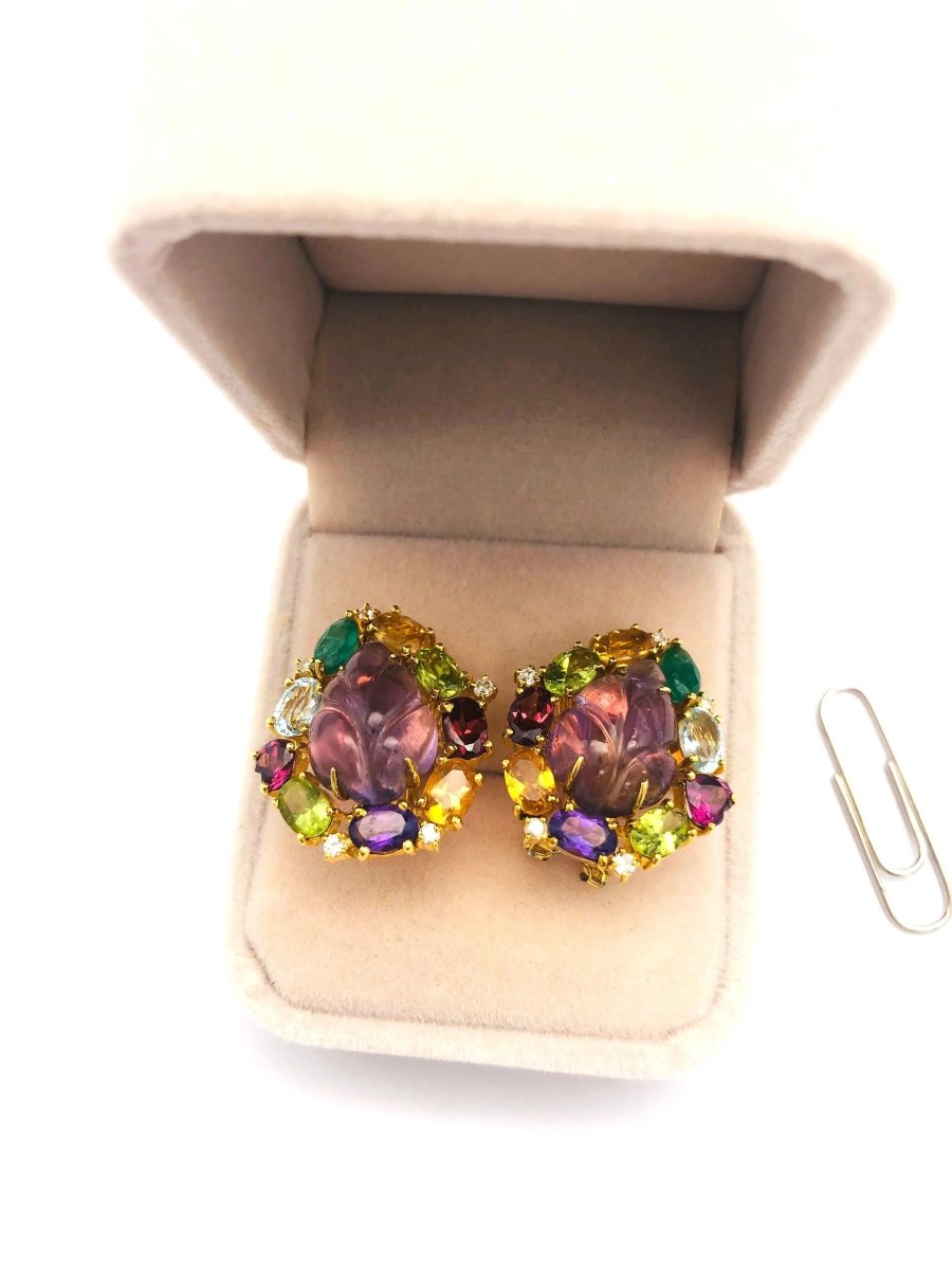 18k (750) Solid Gold Leaf Shape Amethyst multi - color Gemstones (15 pcs) Elegant Earrings - JewelHub.co.uk