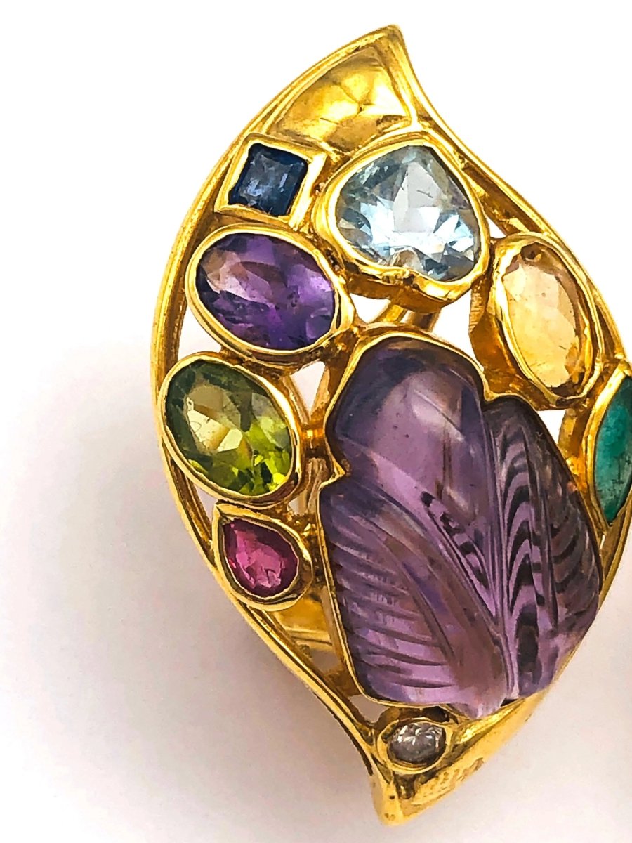 18k (750) Solid Gold Multi - Colour Gemstones Crafted Amethyst Leaf Shape Earrings - JewelHub.co.uk