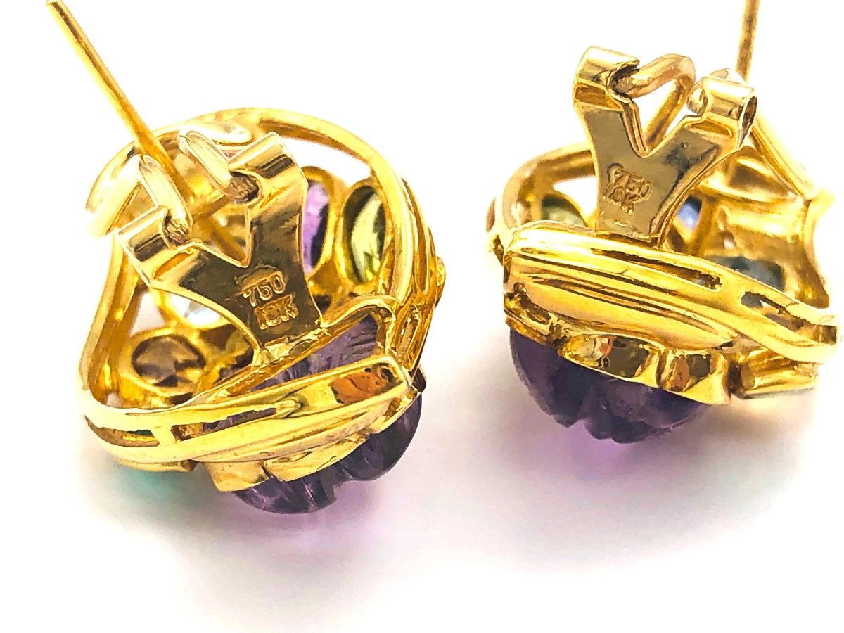 18k (750) Solid Gold Multi - Colour Gemstones Crafted Amethyst Leaf Shape Earrings - JewelHub.co.uk