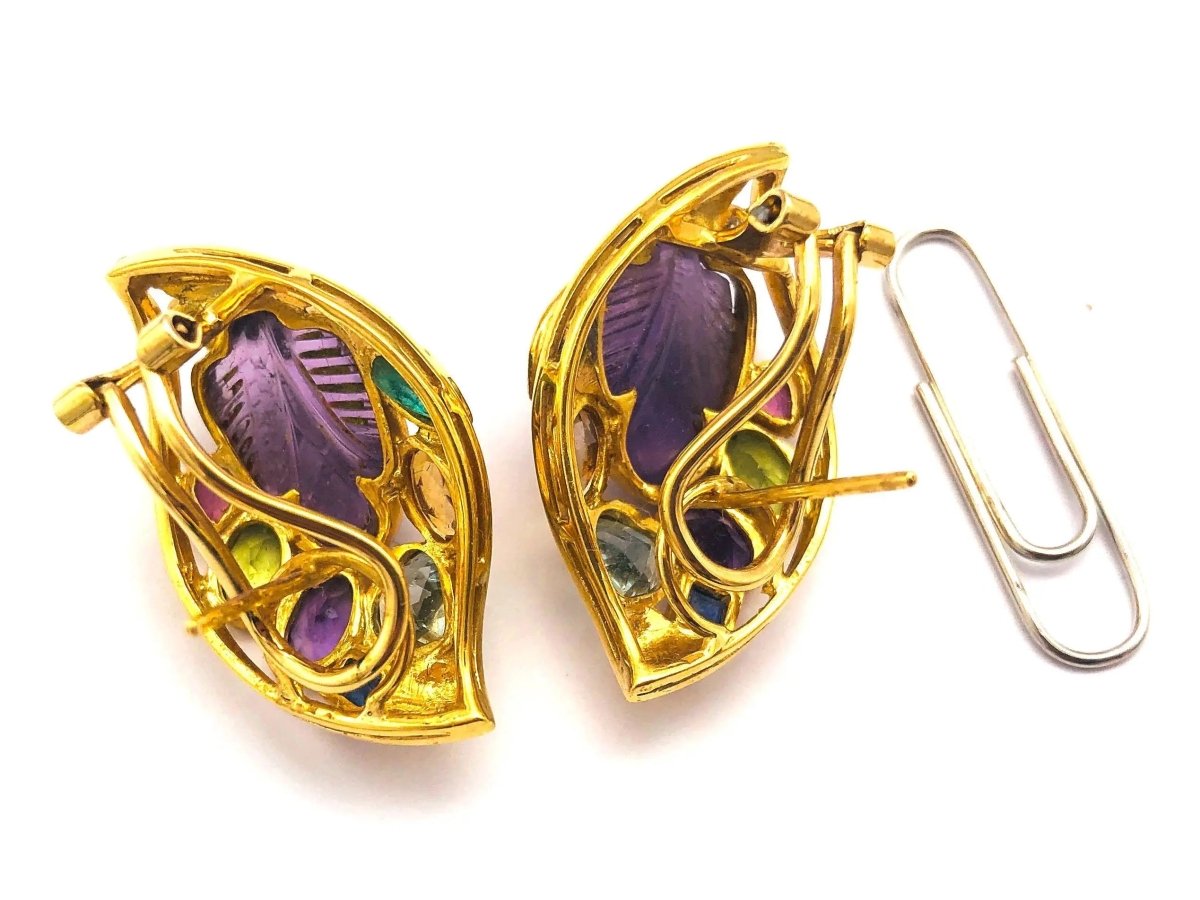 18k (750) Solid Gold Multi - Colour Gemstones Crafted Amethyst Leaf Shape Earrings - JewelHub.co.uk