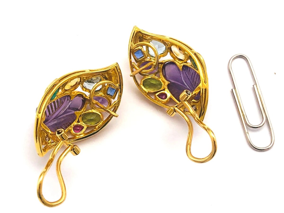 18k (750) Solid Gold Multi - Colour Gemstones Crafted Amethyst Leaf Shape Earrings - JewelHub.co.uk