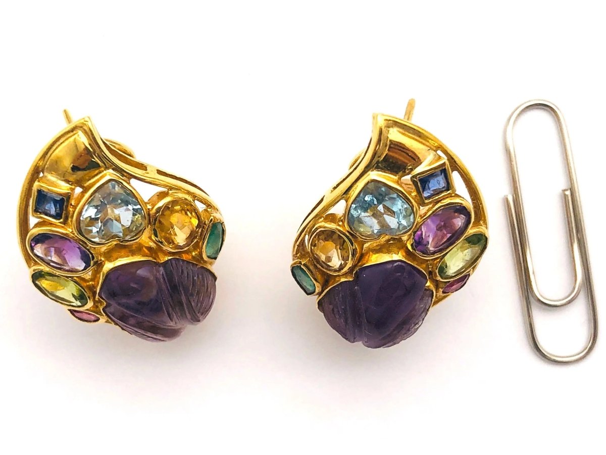 18k (750) Solid Gold Multi - Colour Gemstones Crafted Amethyst Leaf Shape Earrings - JewelHub.co.uk