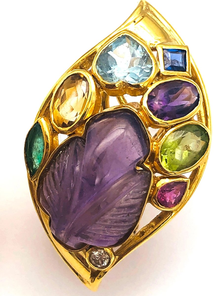 18k (750) Solid Gold Multi - Colour Gemstones Crafted Amethyst Leaf Shape Earrings - JewelHub.co.uk