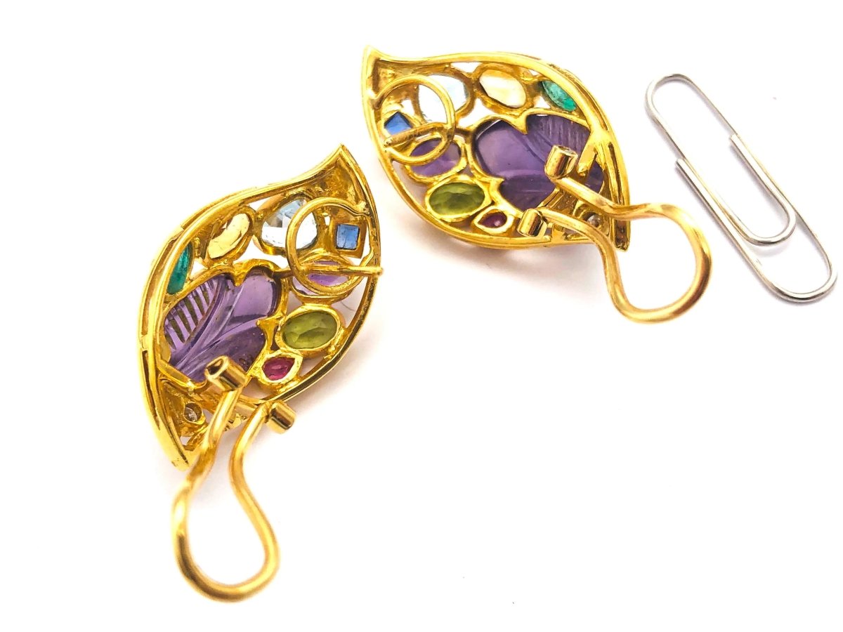 18k (750) Solid Gold Multi - Colour Gemstones Crafted Amethyst Leaf Shape Earrings - JewelHub.co.uk