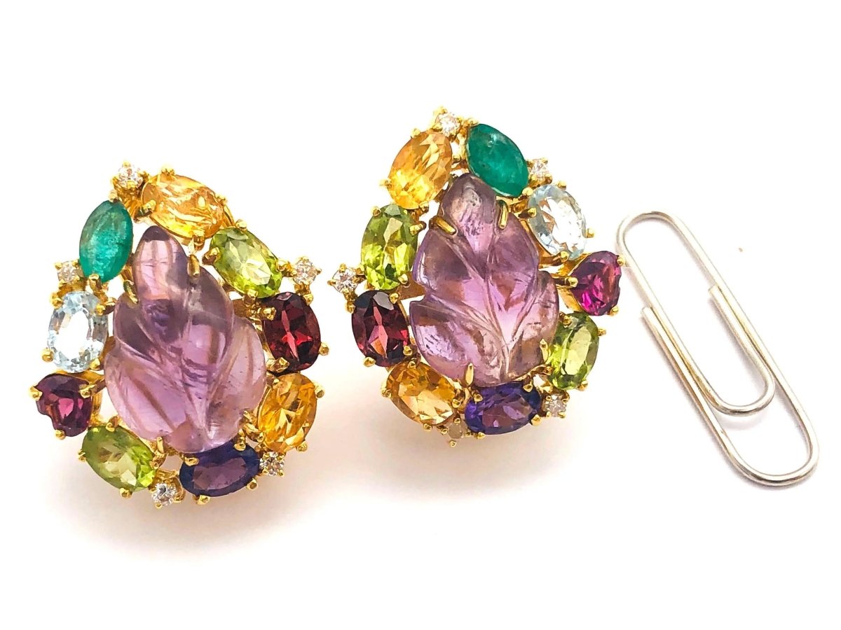 18k (750) Solid Gold Multi - Colour Gemstones Crafted Amethyst Leaf Shape Earrings - JewelHub.co.uk