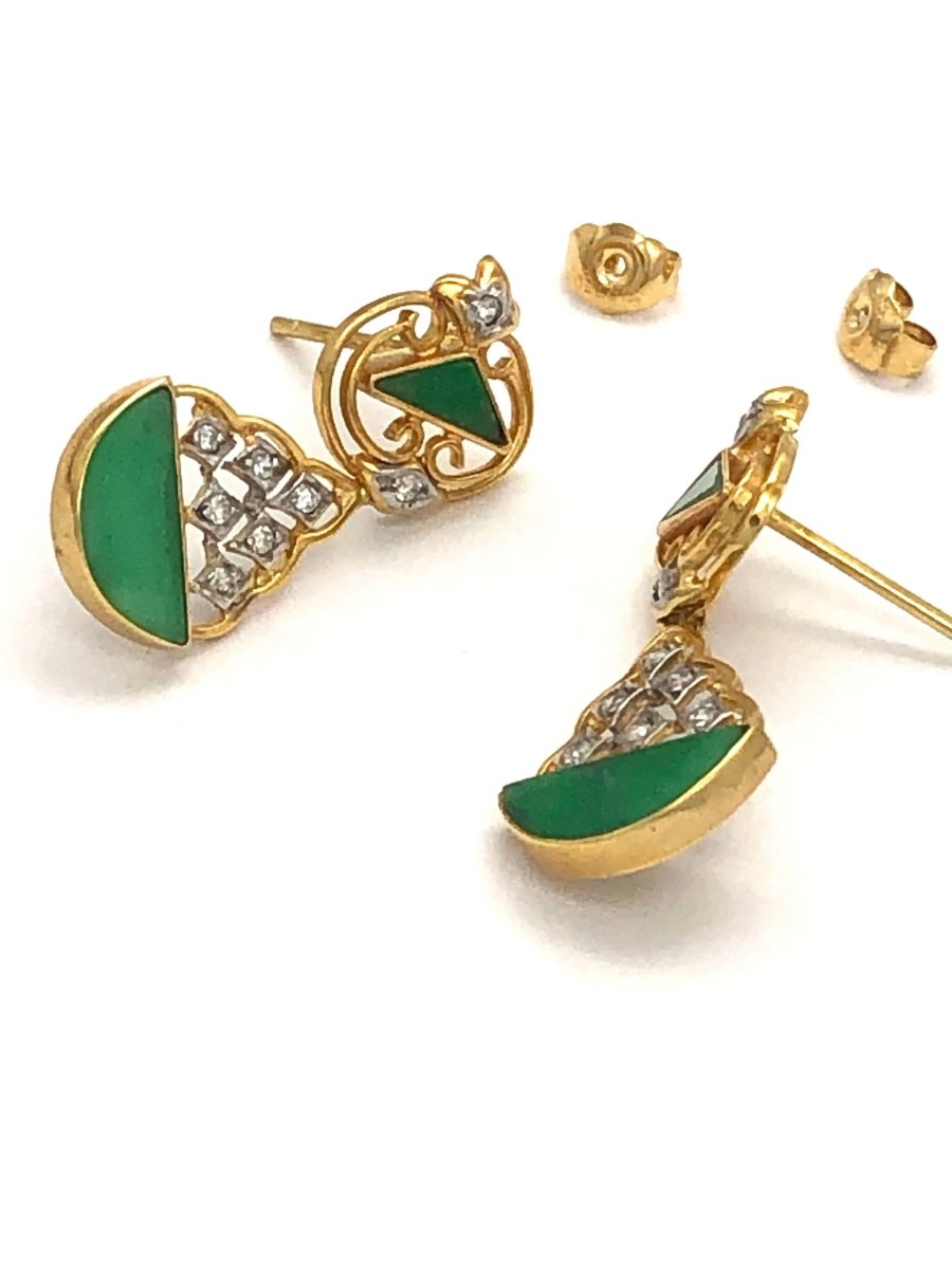 18k (750) Solid Yellow Gold mounted mixed Jade Diamond Earrings - JewelHub.co.uk