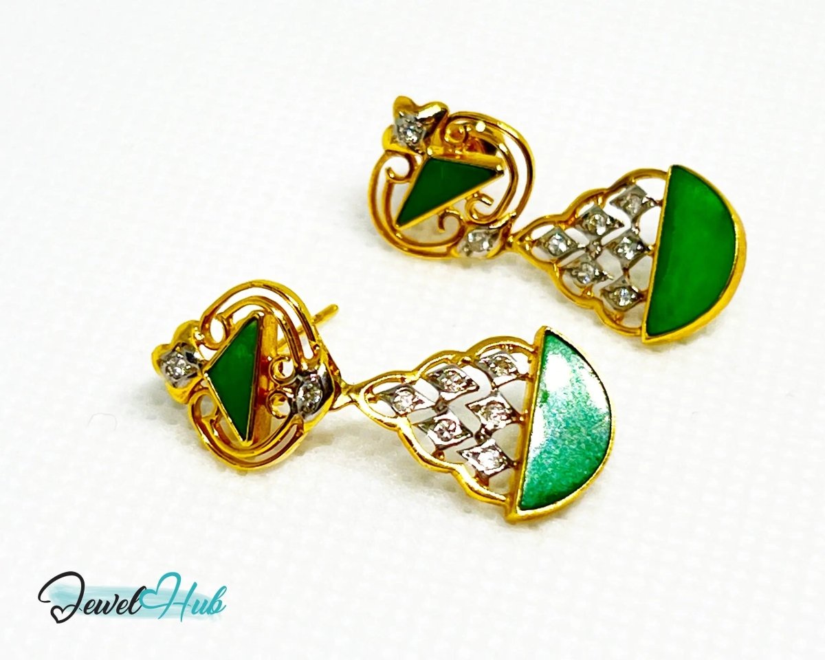 18k (750) Solid Yellow Gold mounted mixed Jade Diamond Earrings - JewelHub.co.uk