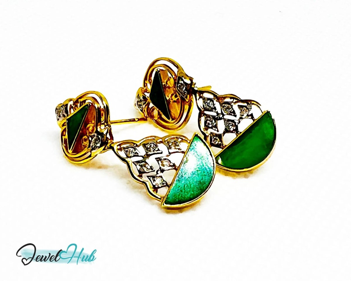 18k (750) Solid Yellow Gold mounted mixed Jade Diamond Earrings - JewelHub.co.uk