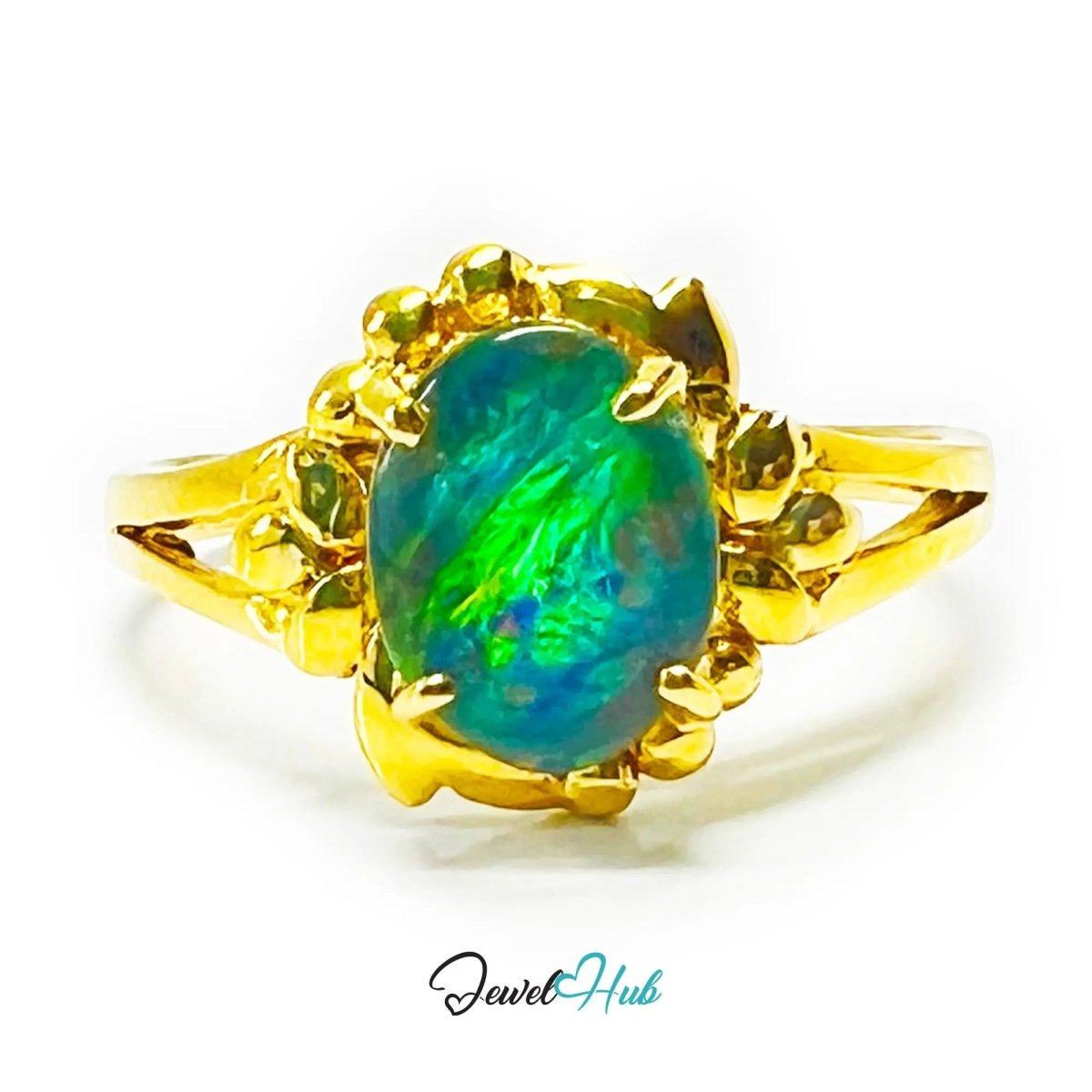18k Gold Black Opal Ring – Hallmarked (750) | UK Q / US 8.5 | Rare Gemstone, Artisan Craftsmanship - JewelHub.co.uk