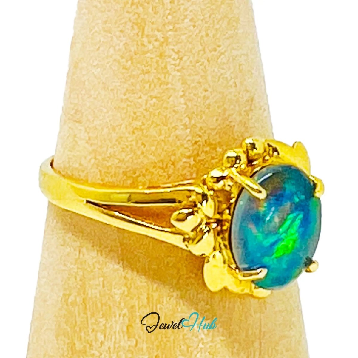 18k Gold Black Opal Ring – Hallmarked (750) | UK Q / US 8.5 | Rare Gemstone, Artisan Craftsmanship - JewelHub.co.uk