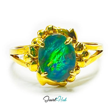 18k Gold Black Opal Ring – Hallmarked (750) | UK Q / US 8.5 | Rare Gemstone, Artisan Craftsmanship - JewelHub.co.uk