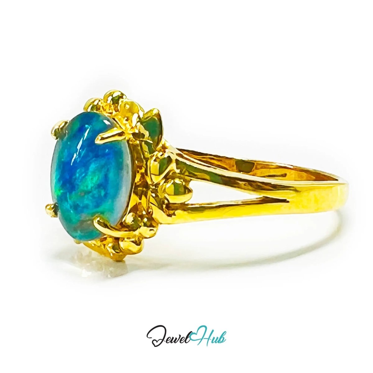 18k Gold Black Opal Ring – Hallmarked (750) | UK Q / US 8.5 | Rare Gemstone, Artisan Craftsmanship - JewelHub.co.uk