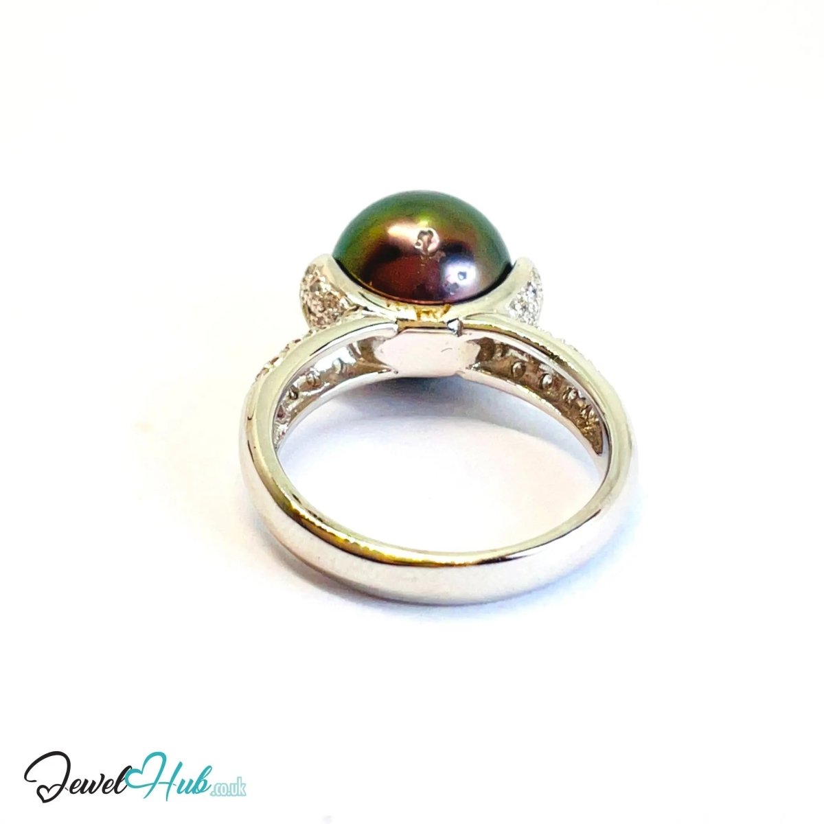 18K Gold Black South Sea Pearl Ring · 11.5 mm Pearl · 0.42ct Diamonds · UK M - JewelHub.co.uk