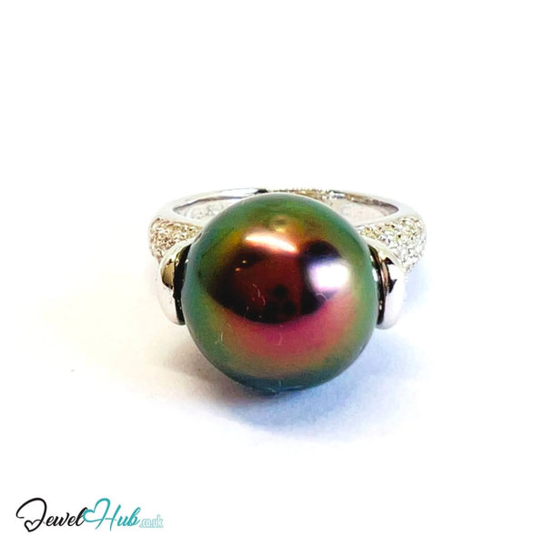 18K Gold Black South Sea Pearl Ring · 11.5 mm Pearl · 0.42ct Diamonds · UK M - JewelHub.co.uk
